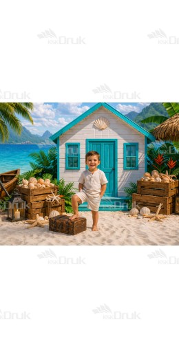 Tło fotograficzne „Tropikalna chatka na plaży z turkusowymi drzwiami i muszlami” | 4038
